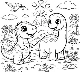 Kids Coloring Page – Dinosaurs in Landscape.  Linear art collection. Editable stroke. Vector, illustration © Apurba