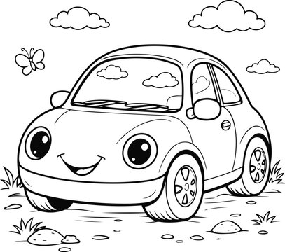 Kids Coloring Page &ndash; car on a sunny road line art. Linear art collection. Editable stroke. Vector, illustration