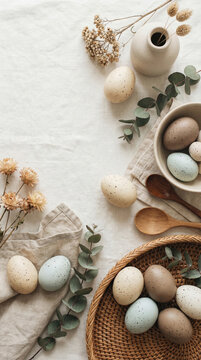 Easter eggs in various colors arranged on a light fabric surface with dried flowers and eucalyptus leaves, featuring a woven basket and ceramic vase. Spring and Easter concept, vertical photo