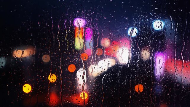 Abstract background of street lights and rain drops on window