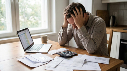 Naklejka premium Man with brown hair sitting at a wooden table, stressed while reviewing bills and financial documents with a laptop and calculator nearby. For inflation, financial crisisand cost of living content