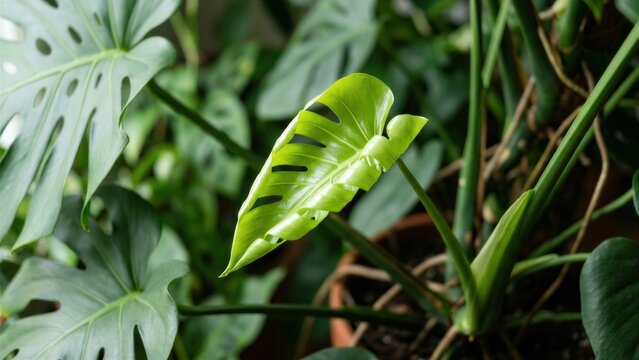 Unfurling monstera leaf in terracotta pot with lush foliage background. Botanical growth and indoor gardening home decor banner with copy space