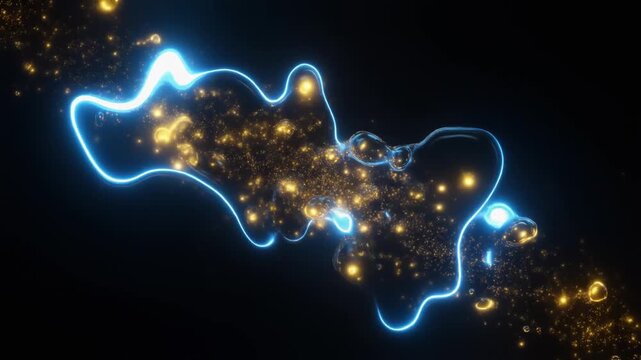 Abstract flowing blue liquid and golden particles in dark space