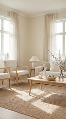 Fototapeta premium Modern living room interior featuring light-colored furniture, a wooden coffee table with colored eggs, and large windows allowing natural light to illuminate the space. Spring and Easter concept