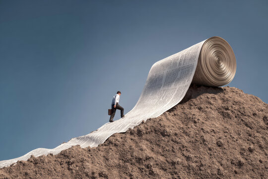 Tax payment deadline mistake, big heavy tax ball is rolling down the hill to a depressed and panicked businessman