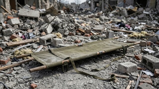 Empty military stretcher lying on rubble in destroyed city street. War conflict and humanitarian crisis aftermath banner with copy space