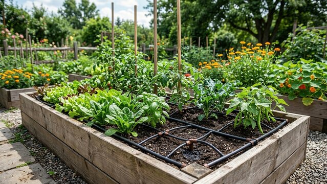 Lush vegetable garden with raised wooden beds and drip irrigation system. Sustainable living and organic urban farming