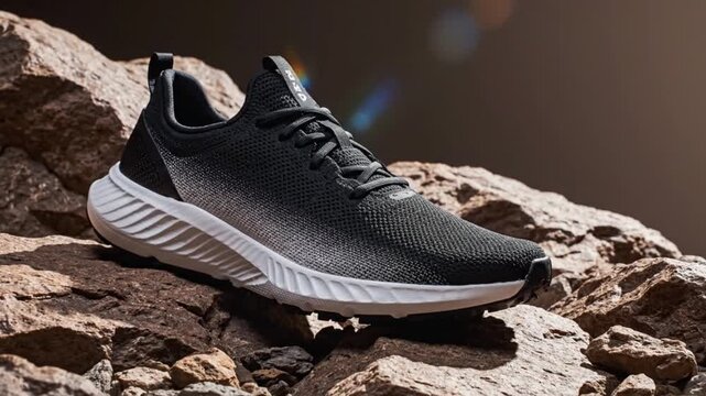 A detailed close-up shot showcases a modern athletic shoe, designed for active lifestyles and rugged terrain. The sleek footwear features a textured black and white gradient mesh upper, intricate laci