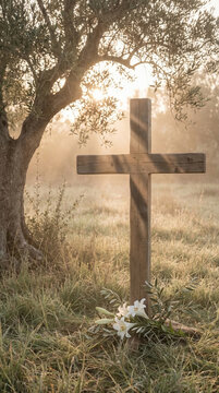 Wooden cross surrounded by white lilies in a misty field at sunrise, with an olive tree providing shade in the background. For religious content, Easter concept, vertical photo with space for text