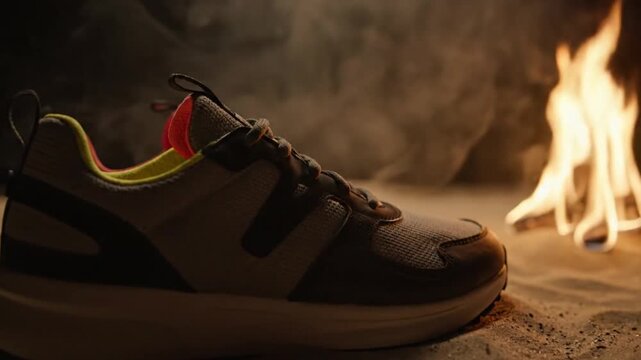 An advertisement features a stylish athletic sneaker placed on a textured sand surface, dramatically illuminated with smoke swirling around it and colorful, opaque flames flickering intensely.