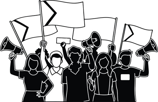 People hold megaphone and flags with lgbt rainbow and transgender flag during pride month celebration against violence, descrimination, human rights violation. Equality and self-affirmarmation