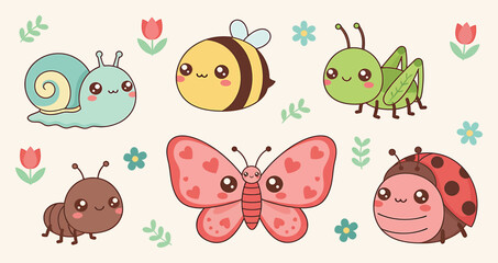 Cute, cartoon, insects, set, with, butterfly, dragonfly, spider, snail, bee, and more. Collection with butterfly bee ladybug dragonfly ant snail and grasshopper colorful kids style © Stock4line