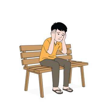Sad Boy Sitting on Bench Holding Head with Headache or Stress Illustration