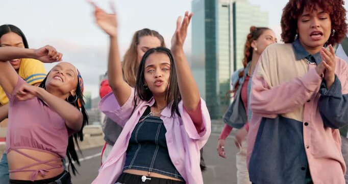 Dancing, group and people on bridge in city with hip hop routine practicing for flash mob. Happy, freedom and dancers with freestyle, groove or choreography in street with rhythm in urban town.