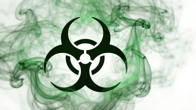 Biohazard symbol in black silhouette surrounded by swirling green thic.
