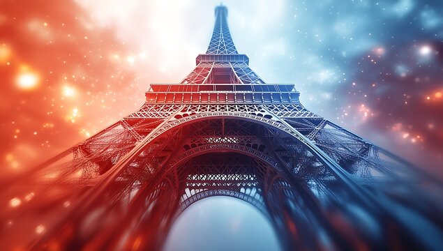 Eiffel Tower low angle view with red blue gradient lights and bokeh lights Paris