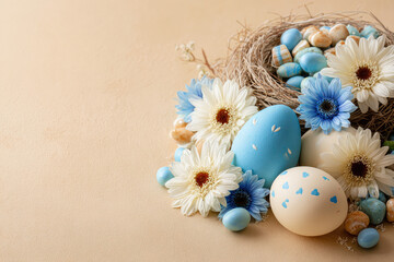 Obraz premium Easter eggs with sweets and flowers on beige. Happy Easter concept. White and blue eggs and cute nest with candy