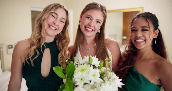 Happy women, bride and friends with bouquet of flowers for marriage, commitment or big day in wedding dress. Portrait, bridesmaids or female people with smile for support, beauty or elegance at house