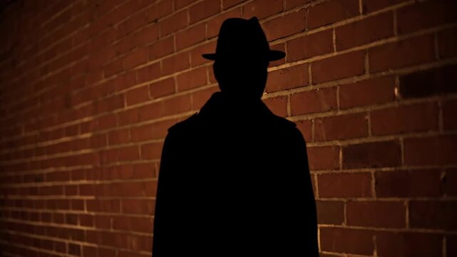 Silhouette of a person in a fedora hat against a brick wall at night
