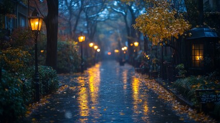 Fototapeta premium Rainy Autumn Evening Streetlights Reflecting on Wet Pavement Fallen Leaves and Cozy Window Glow.