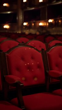 Rows of plush red seats stand waiting in a beautifully lit opera house. The ambiance suggests an evening filled with music and drama, inviting guests to experience the art.