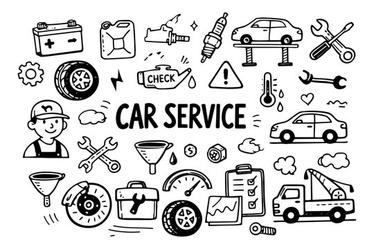 Car service icons set in black and white doodle hand drawn style with auto repair tools and maintenance elements
