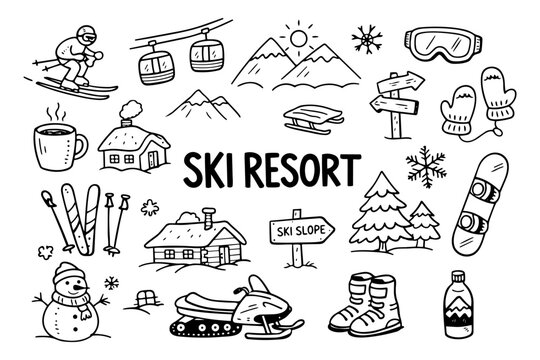 Ski resort doodle illustration in black and white hand drawn outline style with winter mountain vacation and skiing elements