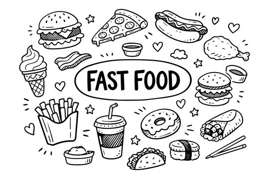 Fast food doodle illustration in black and white hand drawn outline style with street food, snacks and takeaway meal elements
