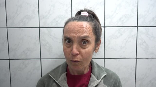 Kas, Turkey - 9 of February 2026: 4K Woman making funny faces in the mirrore and xamining her eye
