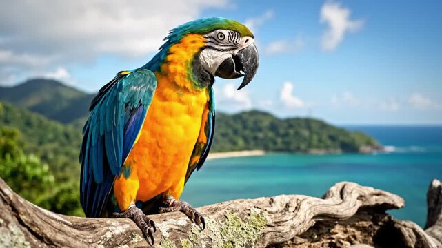 A magnificent, brightly plumed parrot perches gracefully on a weathered tree branch, showcasing its vivid blue and golden-yellow feathers. The exotic bird is set against a stunning backdrop of lush gr