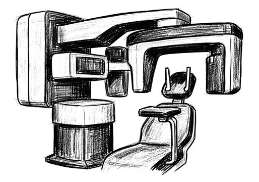Sketch of a modern dental cone beam computed tomography machine and patient chair
