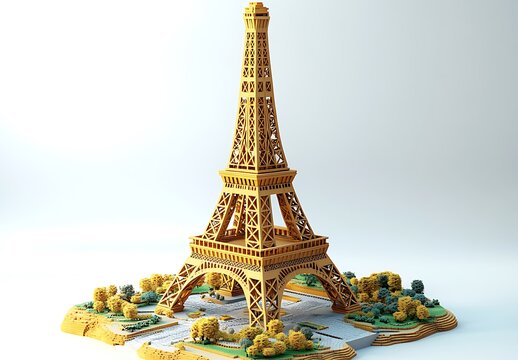 Golden Eiffel Tower model with trees and walkways miniature Paris yellow