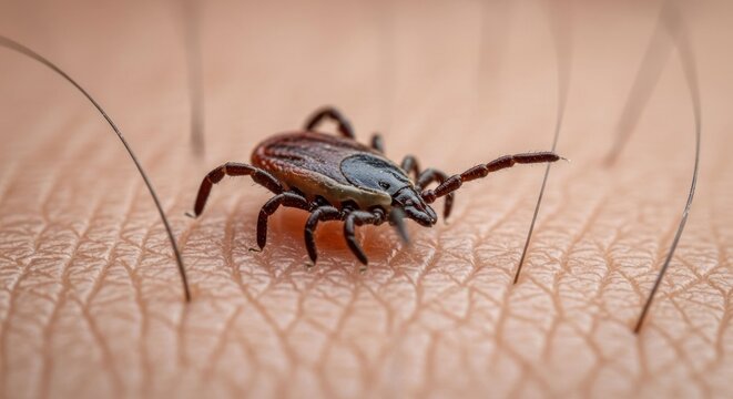 Tick on skin, close-up view, visible hairs and texture