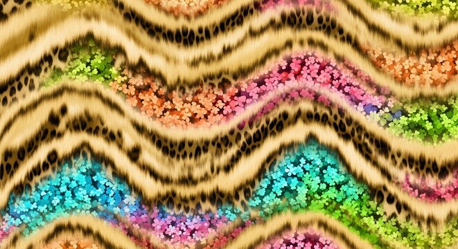 Rainbow floral clover field with wavy leopard fur borders. Spring meadows and whimsical animal print fusion. Colorful flowers texture separated by undulating safari skin bands