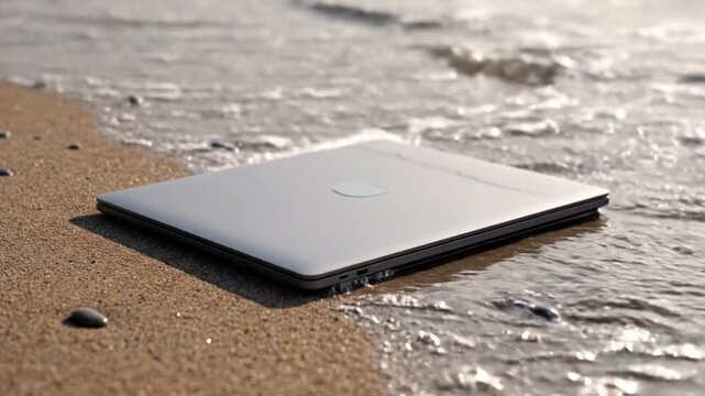 A modern, metallic portable computer lies partially submerged on a sun-drenched sandy beach as gentle ocean waves softly wash over its surface, creating a visual narrative of potential water damage an