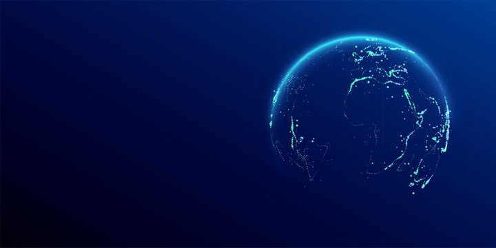 Globe world map. Globe Ai earth planet with continents blue background. Round countries dots technology and science banner. Artificial Intelligence futuristic sphere of night earth vector design.
