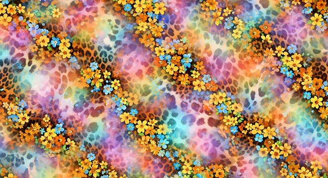 Colorful leopard print with spring flowers and floral elements. Fashion textile and trendy apparel design. Vibrant watercolor cheetah spots mixed with blooming blossoms on rainbow background