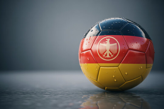 Soccer Ball with Germany Flag Colors and National Emblem on Wet Reflective Surface