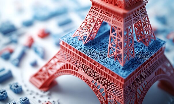 Red and blue miniature Eiffel Tower model with intricate details