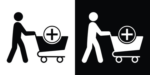 Silhouette of a shopper pushing a cart with a plus sign symbol. Represents increasing order quantity, adding products, consumer loyalty, and retail growth in a modern minimalist style. © bibin