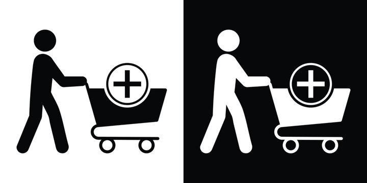 Silhouette of a shopper pushing a cart with a plus sign symbol. Represents increasing order quantity, adding products, consumer loyalty, and retail growth in a modern minimalist style.