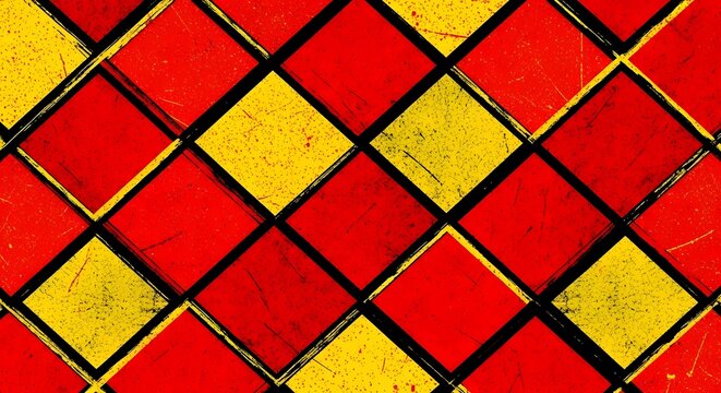 Red and yellow diamond geometric pattern with distressed grunge texture. Industrial warning and vintage graphic design. Bold diagonal squares with black borders and scratched finish