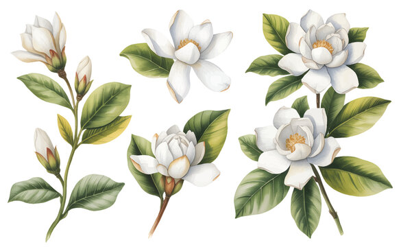 White camellia flower branches with leaves in soft hand painted watercolor botanical set isolated.