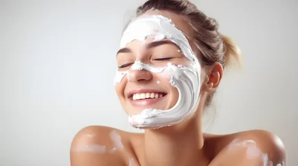 Fototapete Schönheitssalon Close up cropped portrait of a young beautiful smiling woman applying face body cream on her face for rejuvenation soft moisturizing effect. Spa beauty treatment concept. Body skin care  © petrrgoskov