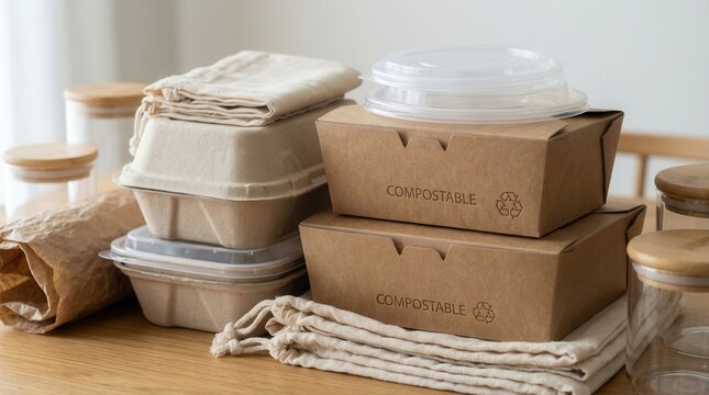 Stacked compostable food containers and reusable textile bags on a wooden table. Promoting sustainable living and eco-friendly practices.