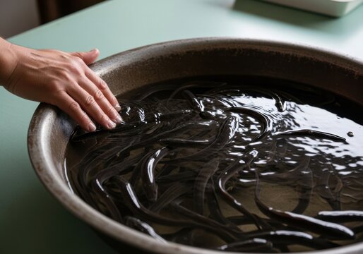 Hand touching leeches in a bowl of water on a table