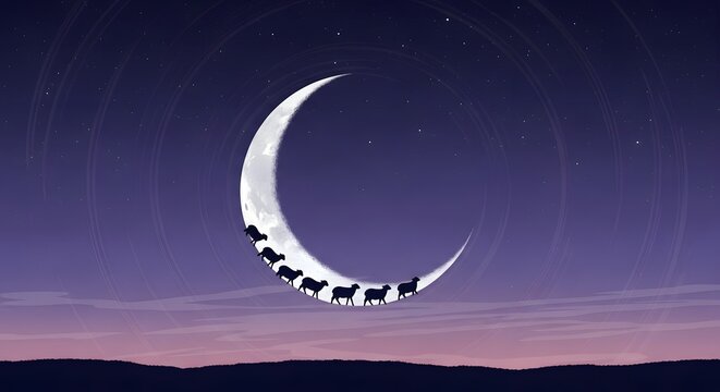 A surreal artistic illustration showing a procession of sheep walking along a glowing crescent moon