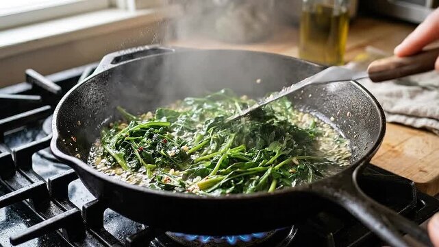 Saute leafy green spinach and green beans in garlic and oil in cast iron pan. sauteed greens steaming in rustic skillet for seasonal food sovereignty