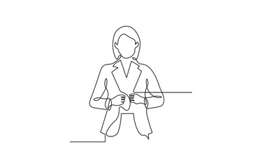Obraz premium A continuous line drawing depicts a businesswoman in a suit hands clasped together