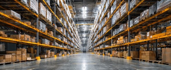 Fototapeta premium High bay warehouse aisle with tall pallet racking and wrapped pallets for logistics and distribution center design poster background